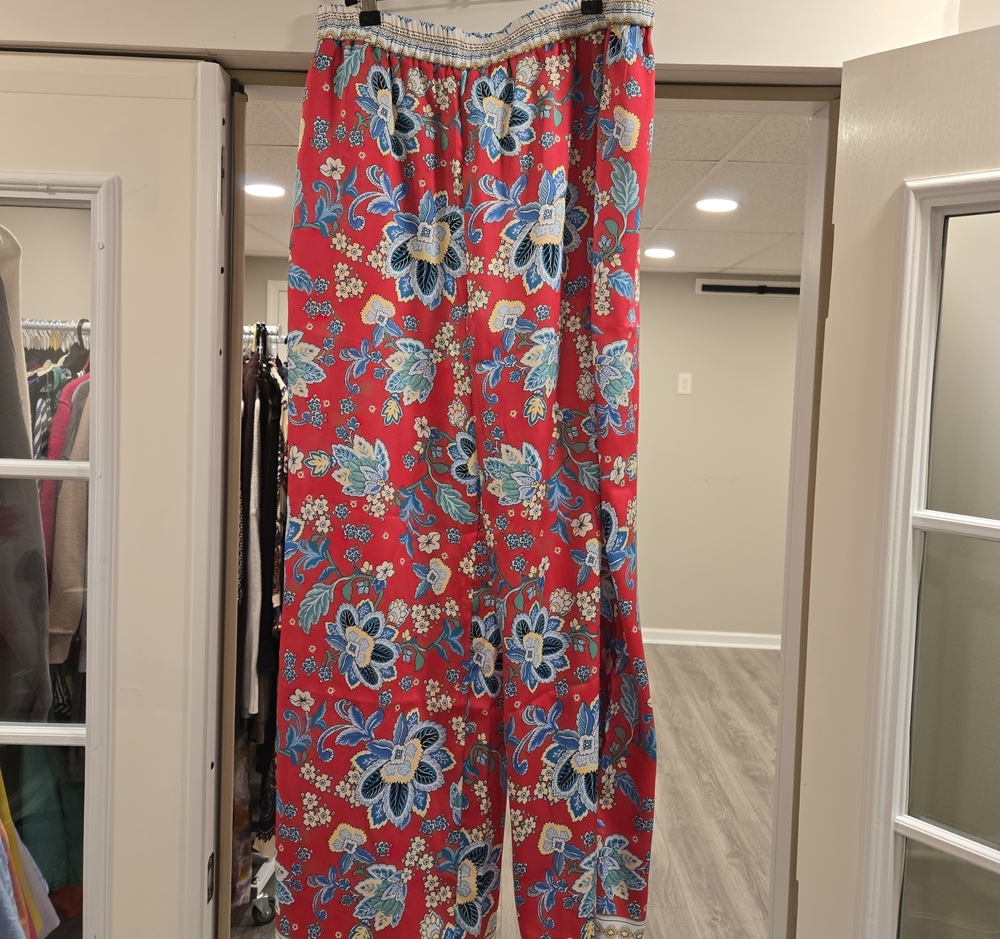 Maeve Red Floral Wide-Leg Pants with Blue & Cream Accents
